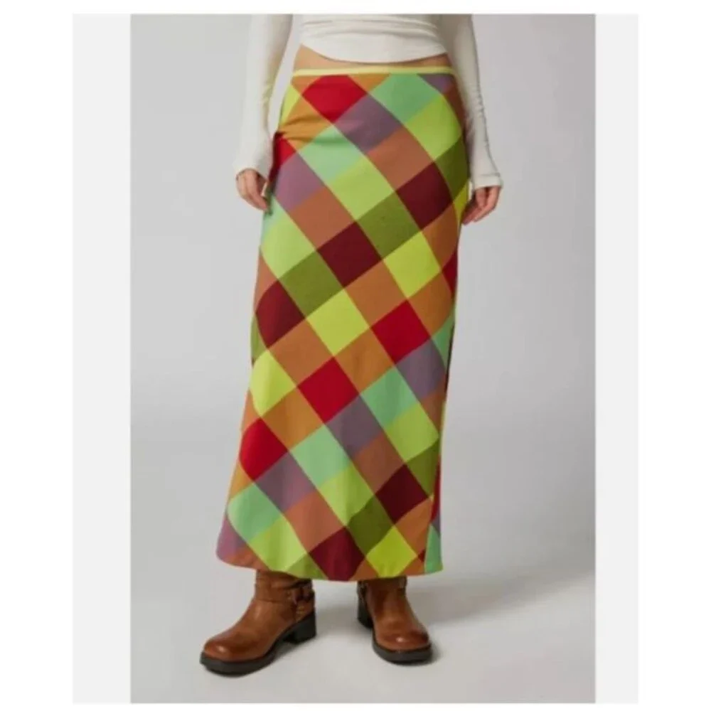Urban Outfitters Janelle Plaid Skirt Maxi Long, Multicolor 2-way stretch XS NWT